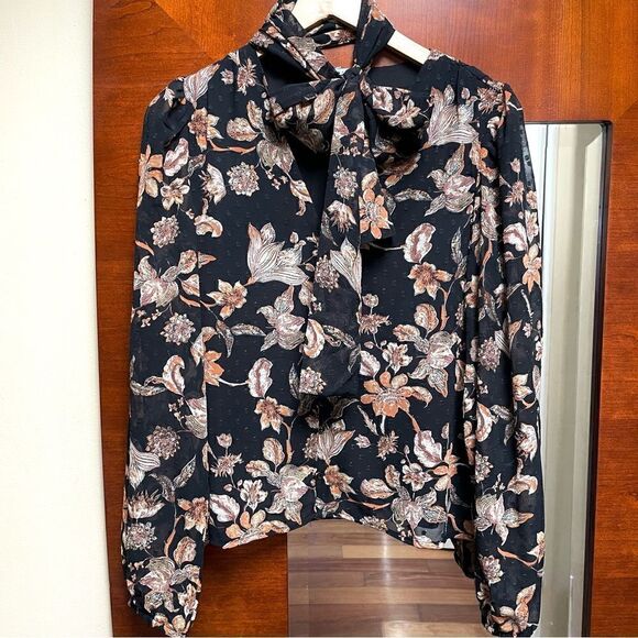 Walter Baker Selena Black Floral Neck Tie Blouse Large - Picture 2 of 8